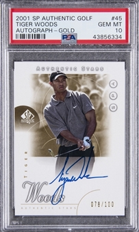 2001 SP Authentic Golf "Authentic Stars" Autograph Gold #45 Tiger Woods Signed Rookie Card (#078/100) – PSA GEM MT 10
